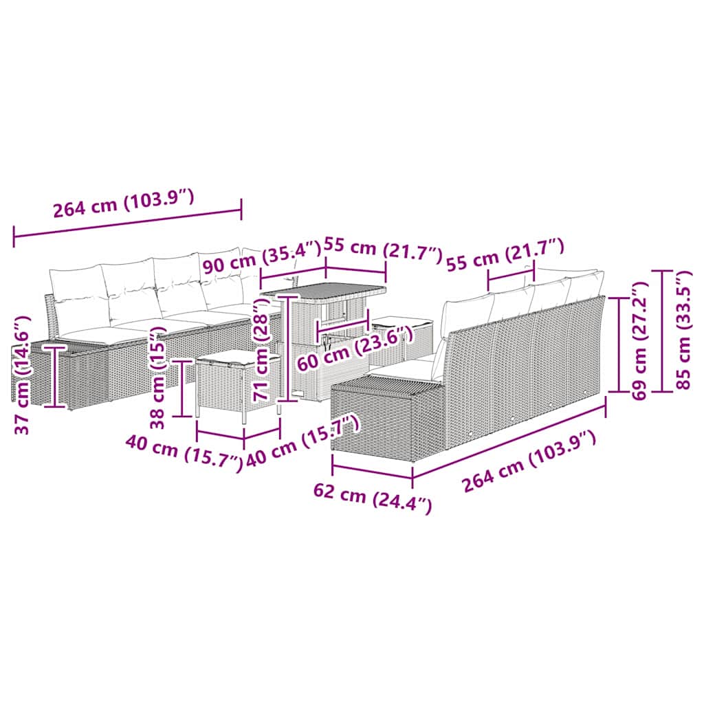 Σετ Καναπέ Κήπου με μαξιλάρι 11 pcs Μαύρο συνθετικό ρατάν