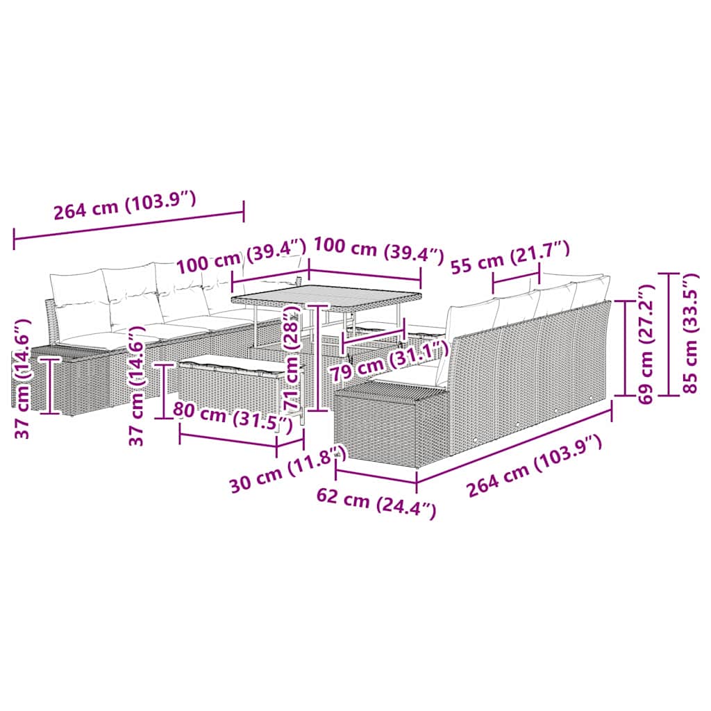 Σετ Καναπέ Κήπου με μαξιλάρι 11 pcs Γκρι συνθετικό ρατάν