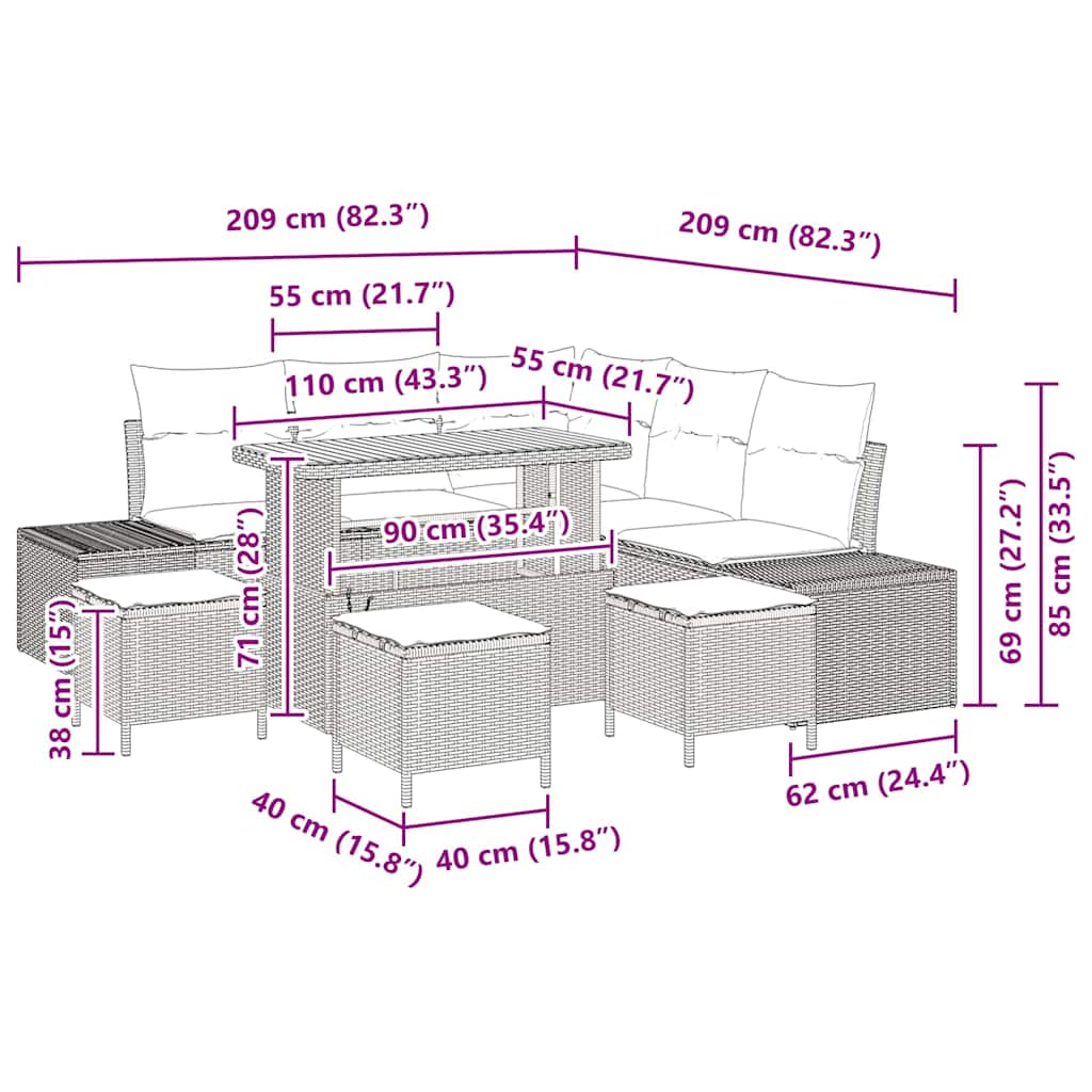 Σετ Καναπέ Κήπου με μαξιλάρι 9 pcs Μαύρο συνθετικό ρατάν - Pakobazaar