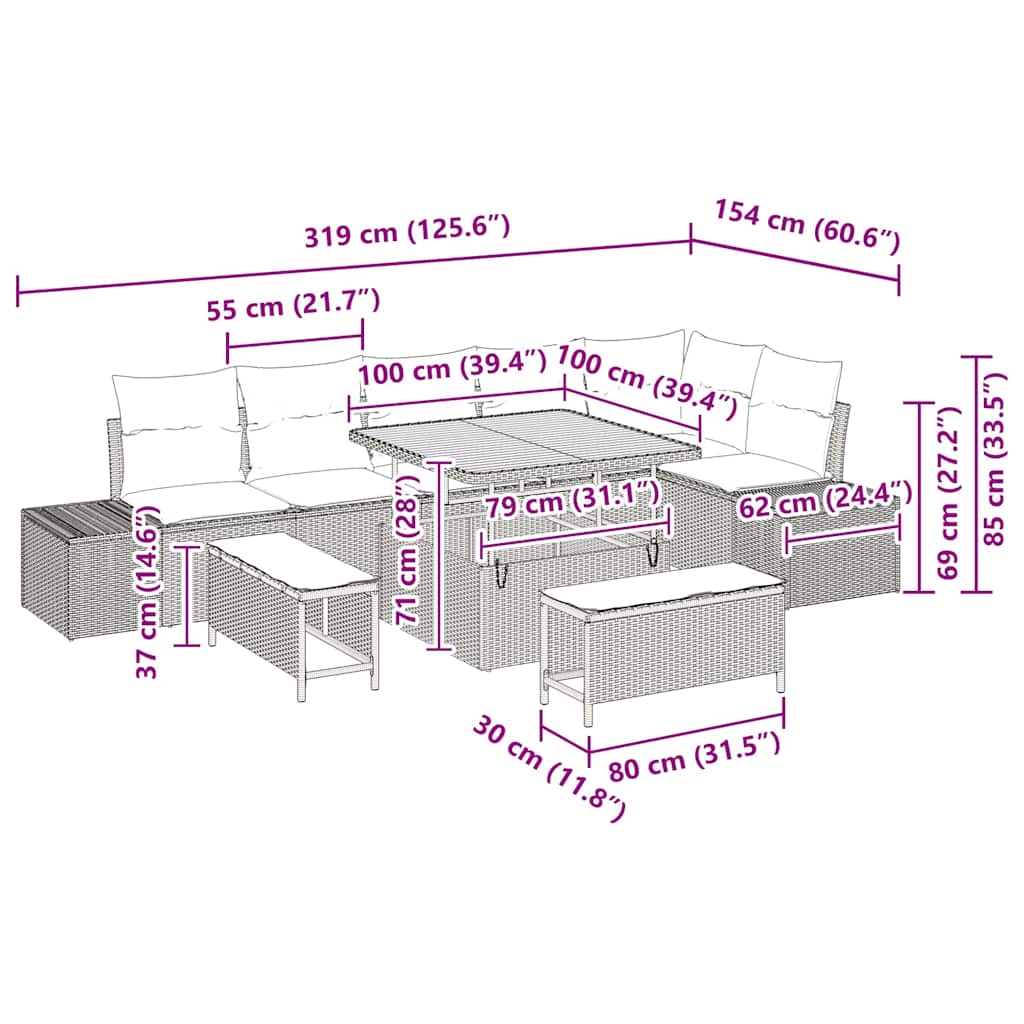 Σετ Καναπέ Κήπου με μαξιλάρι 9 pcs Μαύρο συνθετικό ρατάν