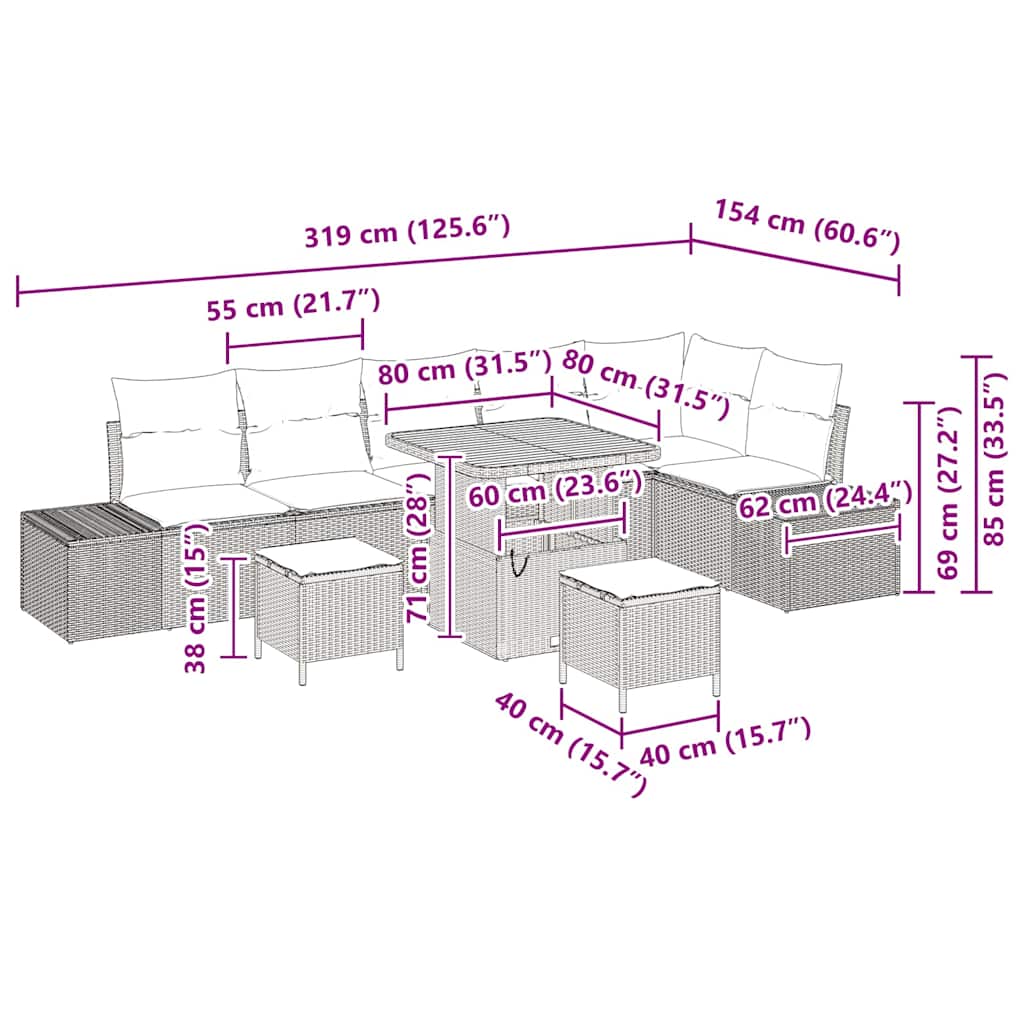 Σετ Καναπέ Κήπου με μαξιλάρι 9 pcs Γκρι συνθετικό ρατάν