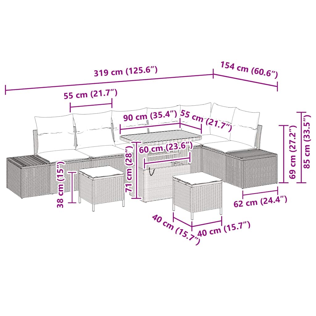Σετ Καναπέ Κήπου με μαξιλάρι 9 pcs Μαύρο συνθετικό ρατάν