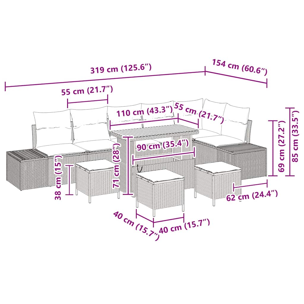 Σετ Καναπέ Κήπου με μαξιλάρι 10 pcs Μπεζ συνθετικό ρατάν