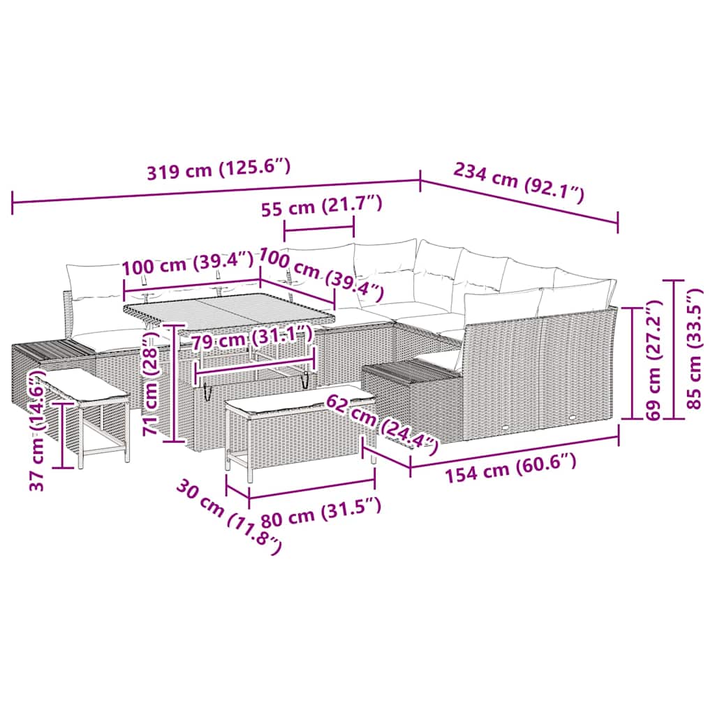 Σετ Καναπέ Κήπου με μαξιλάρι 12 pcs Μαύρο συνθετικό ρατάν - Pakobazaar