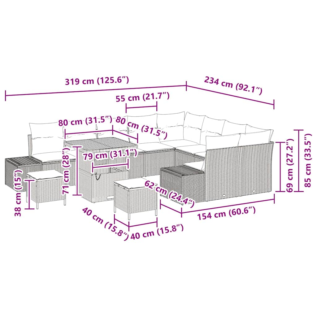 Σετ Καναπέ Κήπου με μαξιλάρι 12 pcs Μπεζ συνθετικό ρατάν