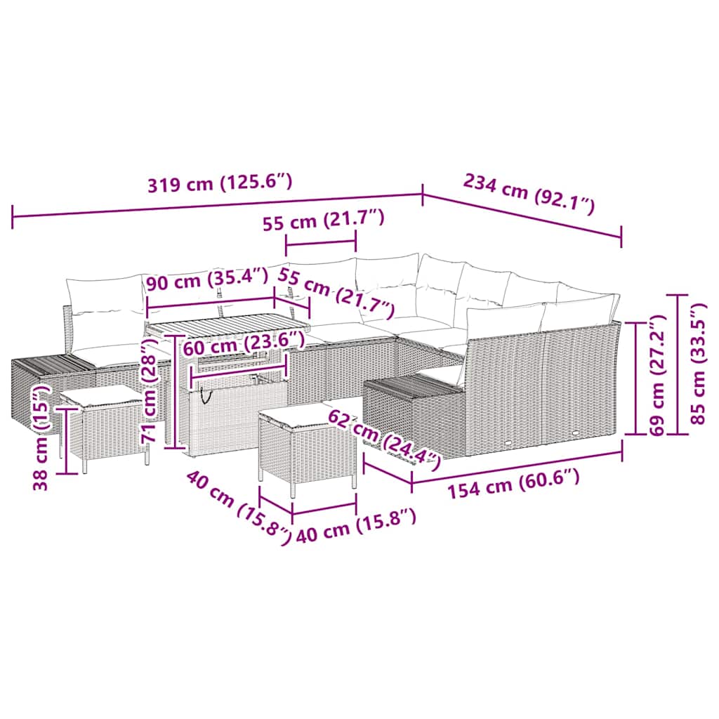 Σετ Καναπέ Κήπου με μαξιλάρι 12 pcs Μπεζ συνθετικό ρατάν