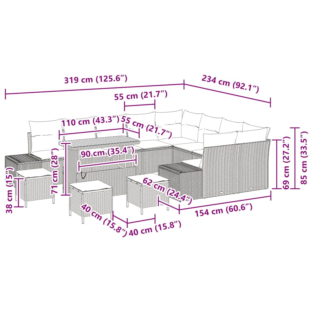 Σετ Καναπέ Κήπου με μαξιλάρι 13 pcs Μαύρο συνθετικό ρατάν - Pakobazaar