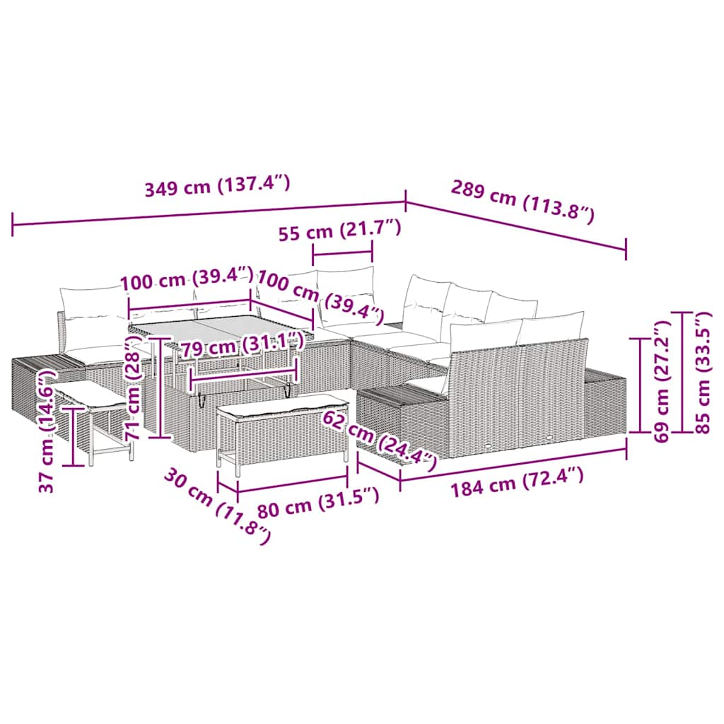 Σετ Καναπέ Κήπου με μαξιλάρι 13 pcs Γκρι συνθετικό ρατάν