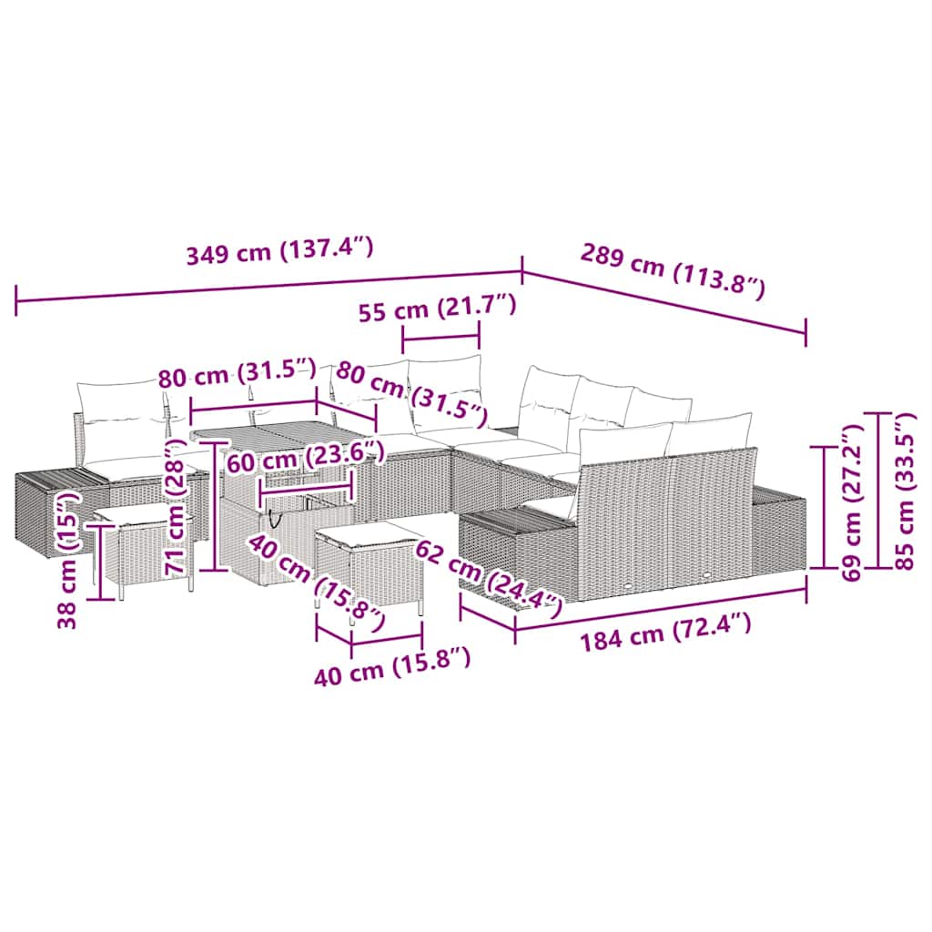 Σετ Καναπέ Κήπου με μαξιλάρι 13 pcs Μπεζ συνθετικό ρατάν