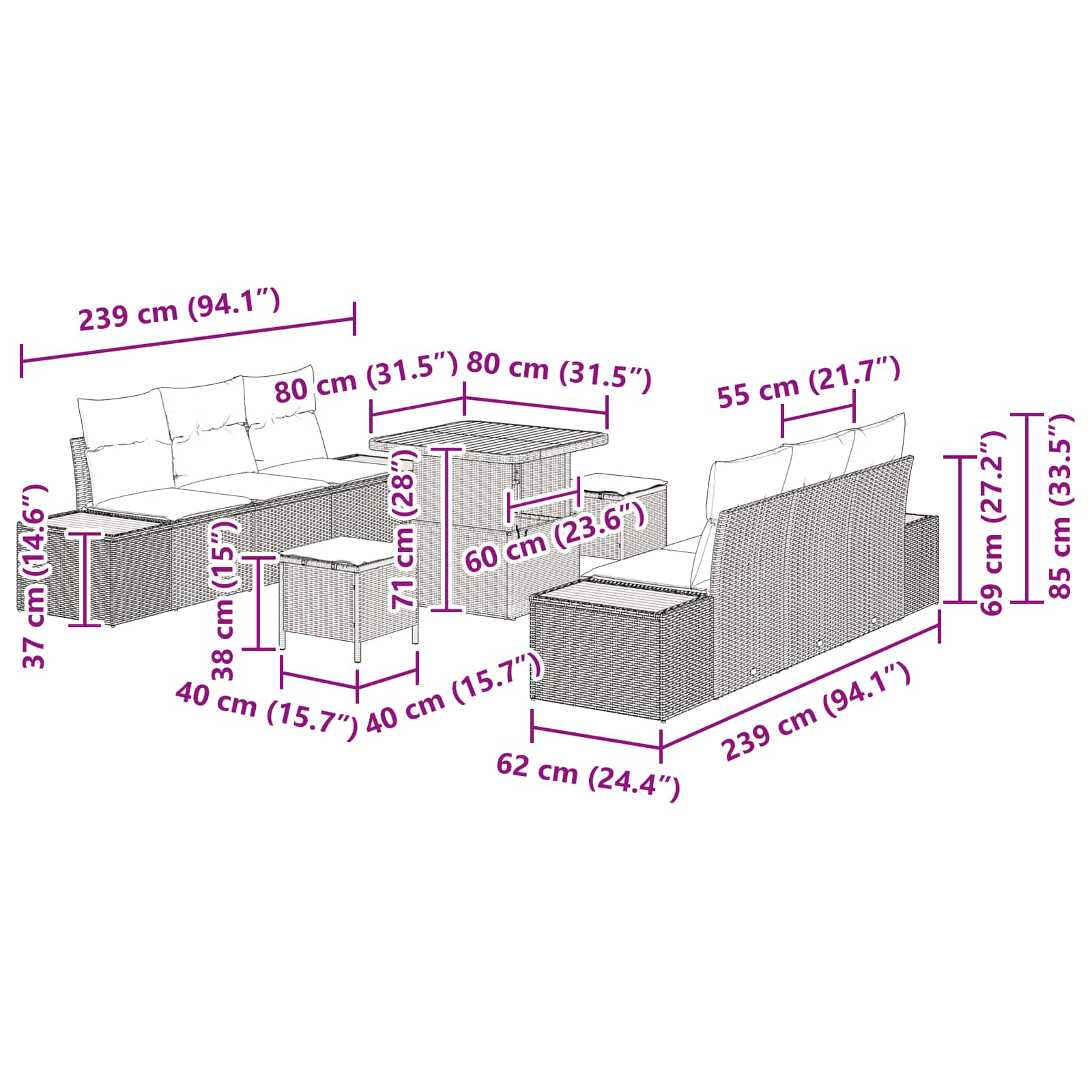 Σετ Καναπέ Κήπου 9 pcs Μαύρο συνθετικό ρατάν - Pakobazaar