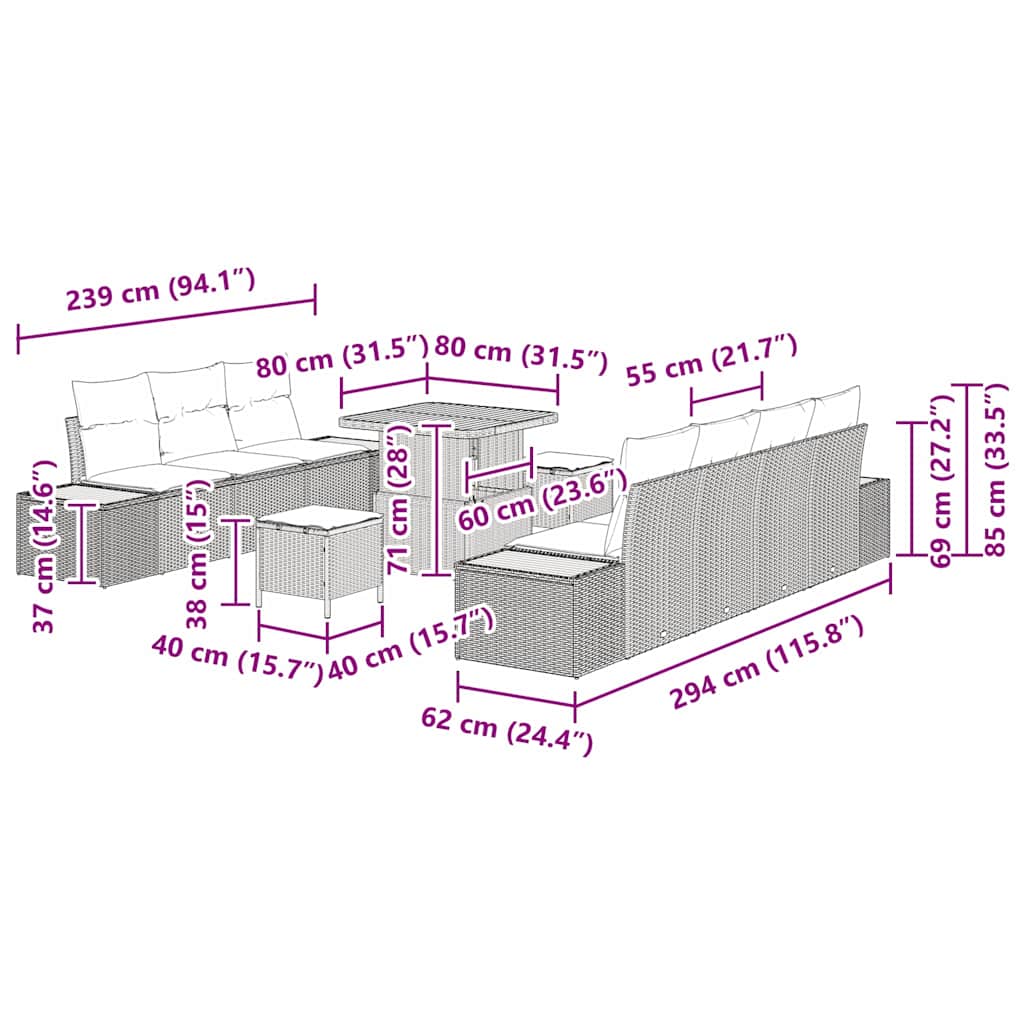 Σετ Καναπέ Κήπου 10 pcs Μαύρο συνθετικό ρατάν