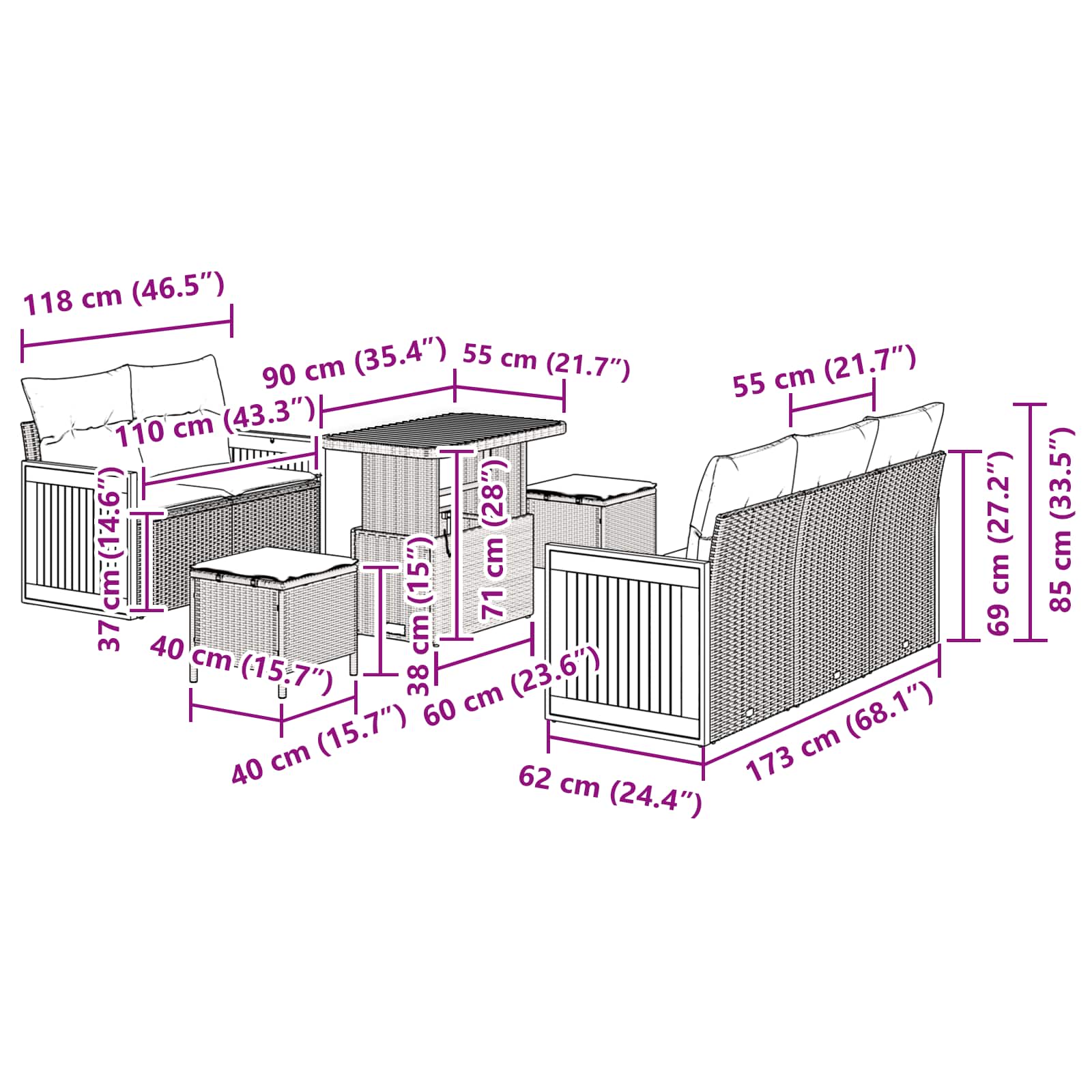 Σετ Καναπέ Κήπου με μαξιλάρι 8 pcs Μαύρο