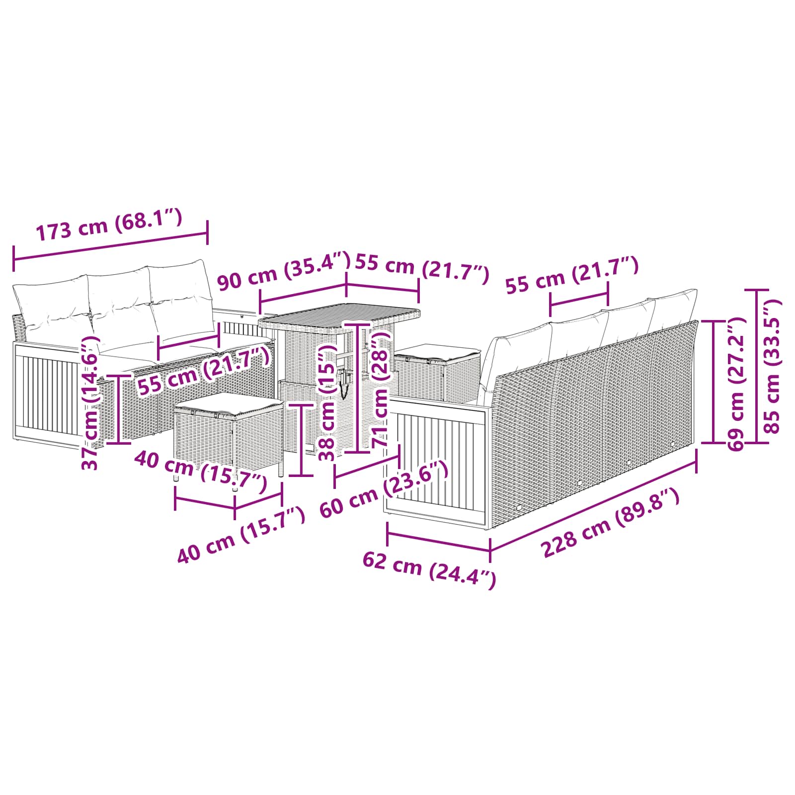 Σετ Καναπέ Κήπου με μαξιλάρι 10 pcs Μαύρο - Pakobazaar