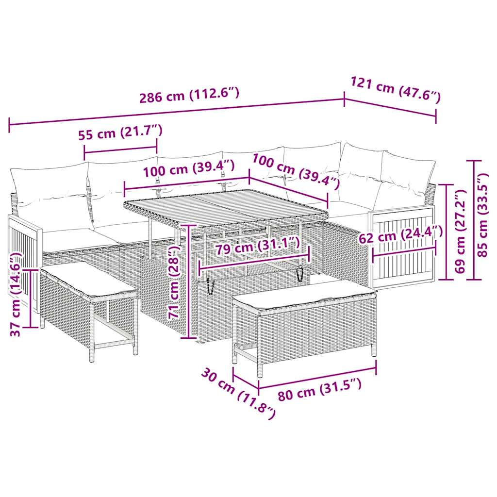 Σετ Καναπέ Κήπου με μαξιλάρι 9 pcs Γκρι