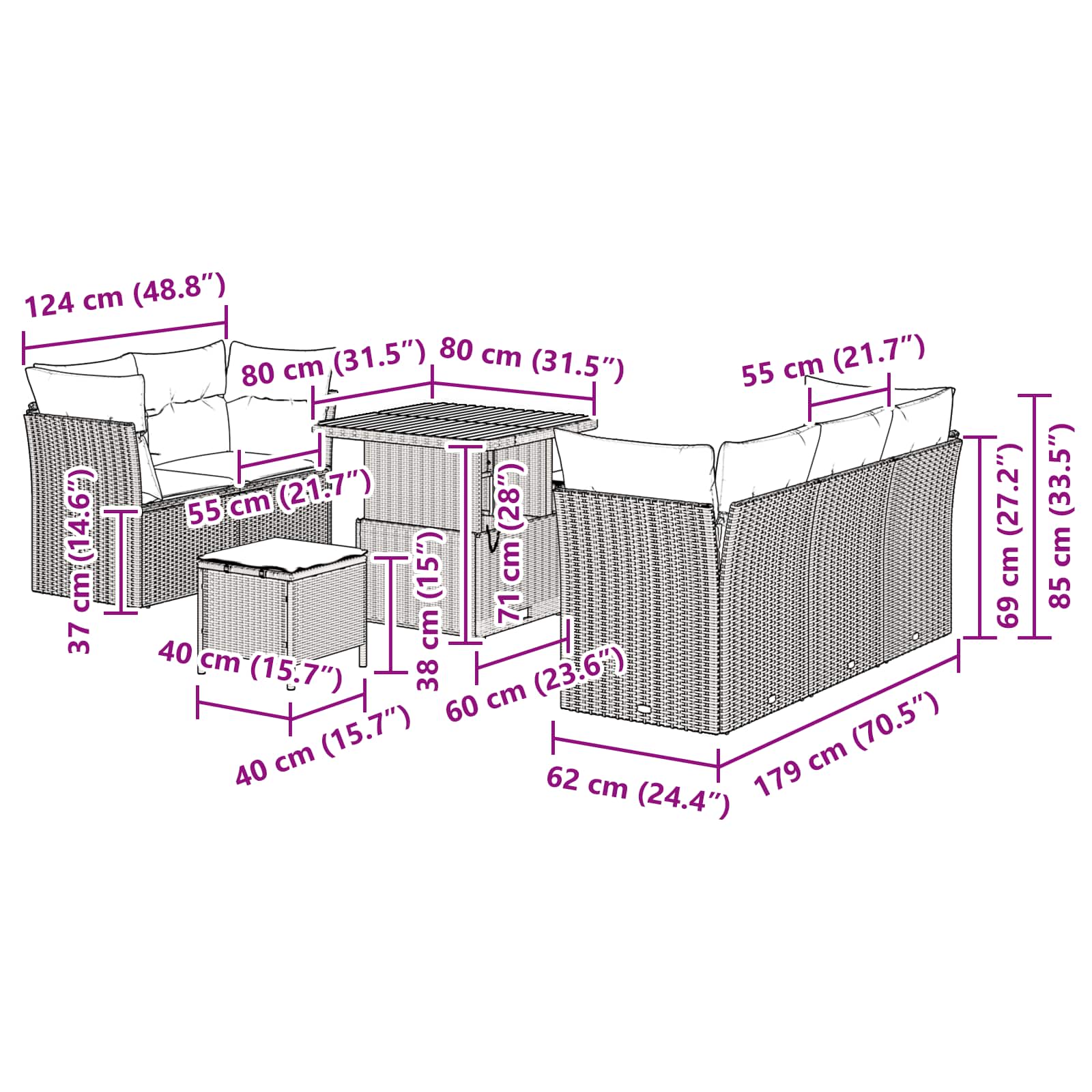 Σετ Καναπέ Κήπου με μαξιλάρι με αποθήκευση 8 pcs Μαύρο