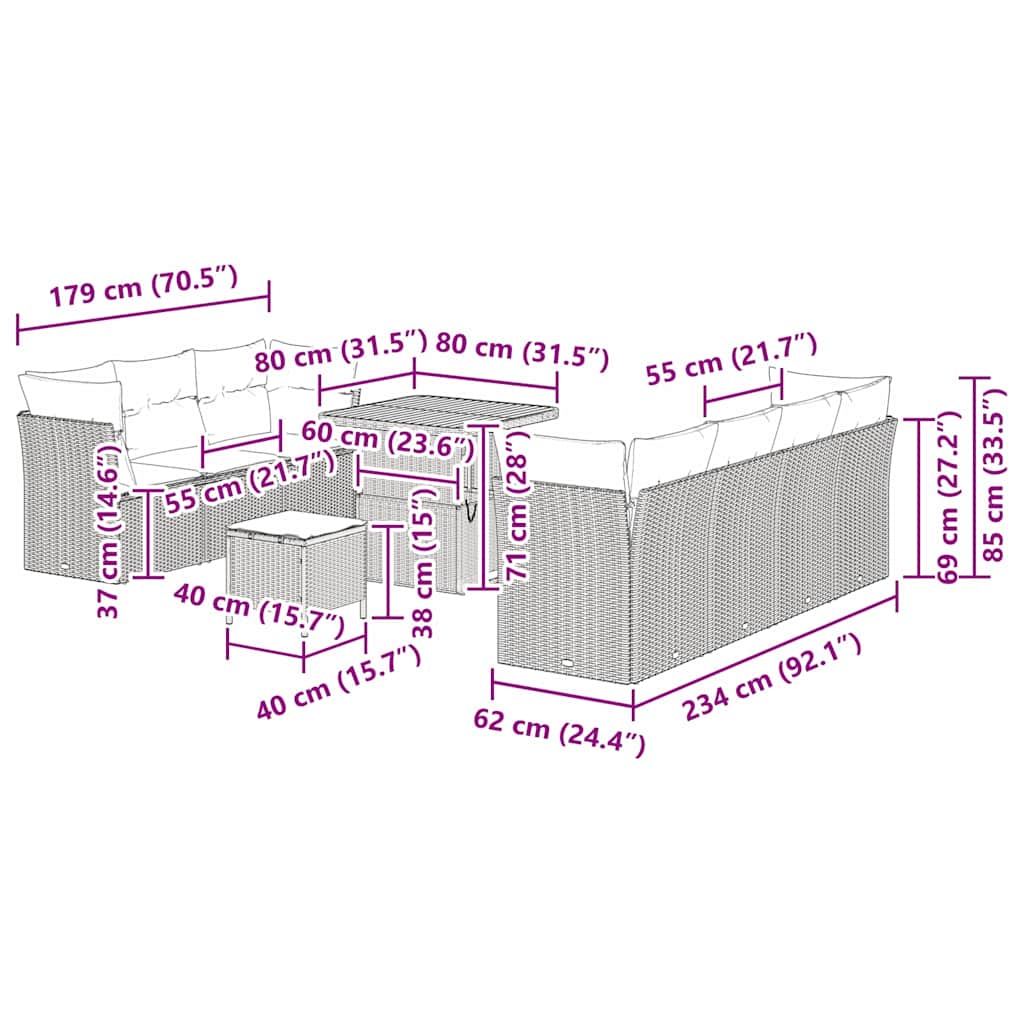Σετ Καναπέ Κήπου με μαξιλάρι 10 pcs Γκρι συνθετικό ρατάν