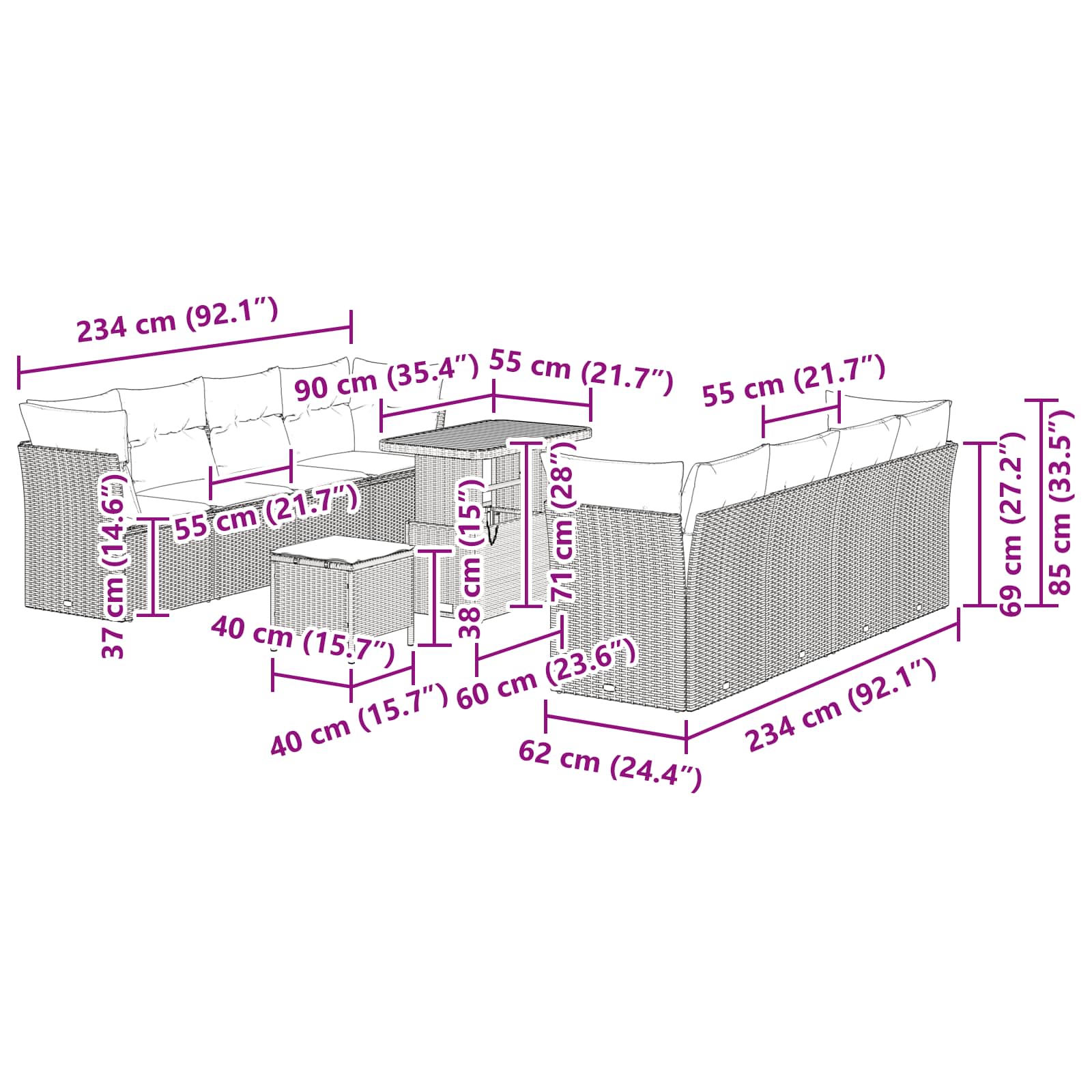Σετ Καναπέ Κήπου με μαξιλάρι 11 pcs Μαύρο συνθετικό ρατάν
