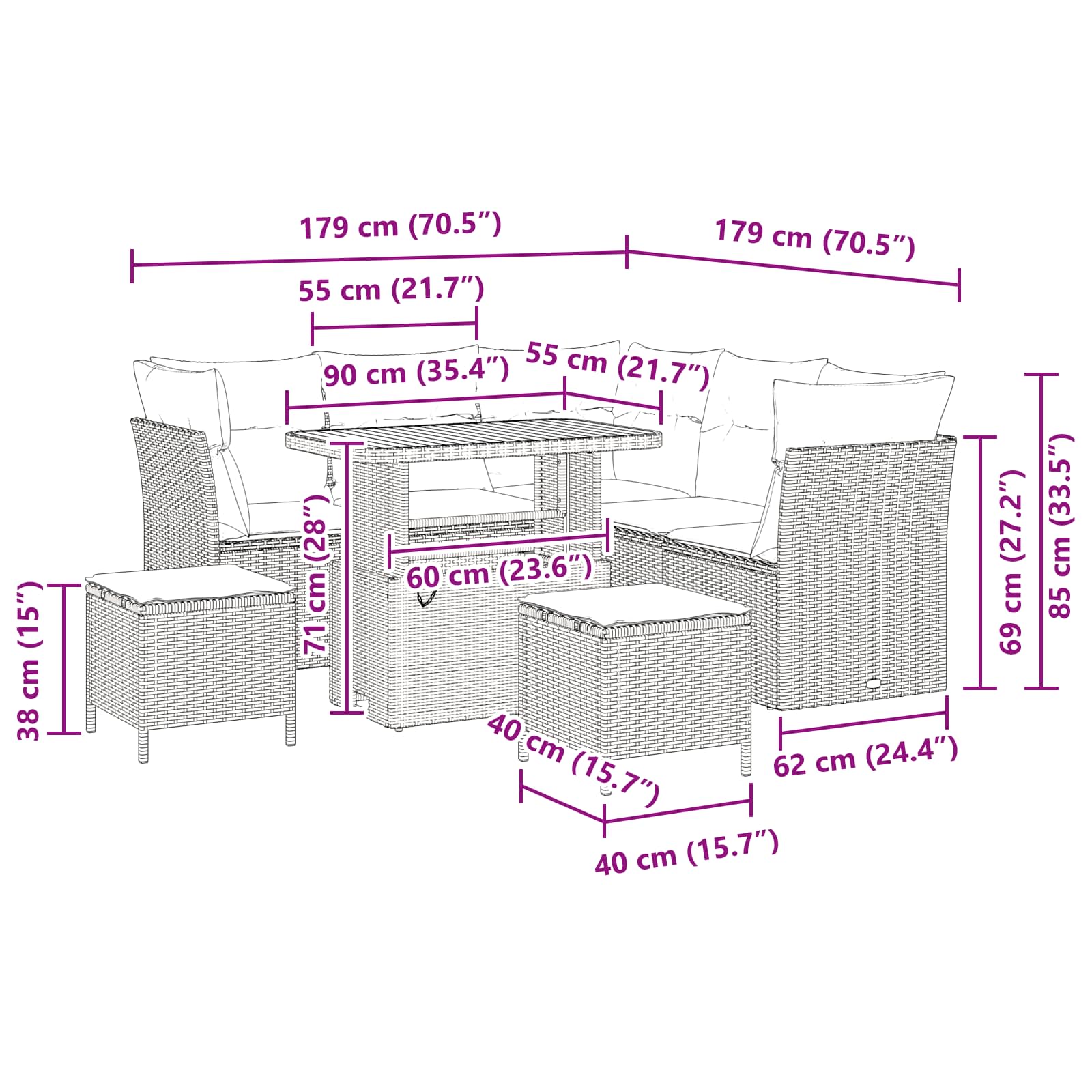 Σετ Καναπέ Κήπου με μαξιλάρι με αποθήκευση 8 pcs Μαύρο