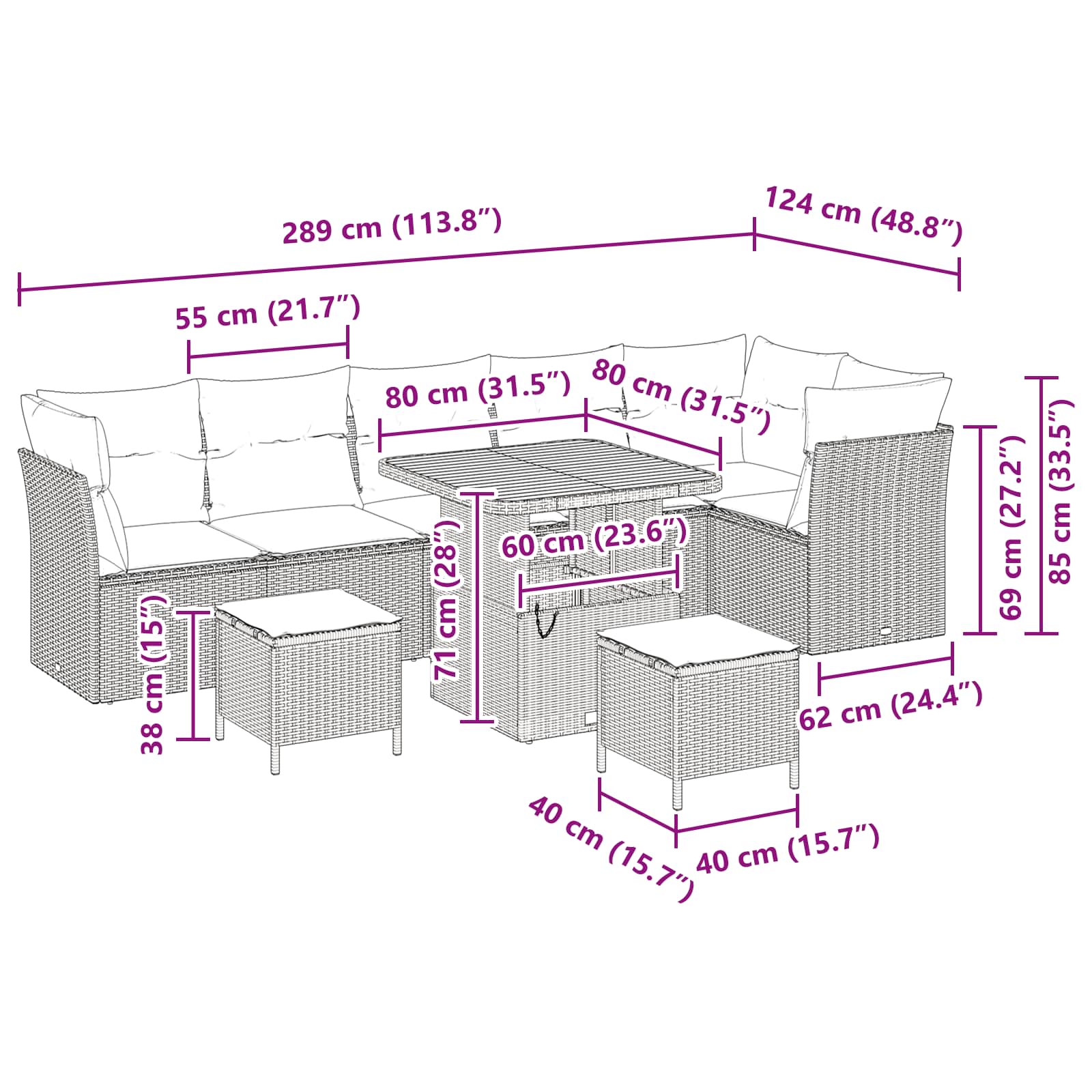 Σετ Καναπέ Κήπου με μαξιλάρι με αποθήκευση 9 pcs Μαύρο