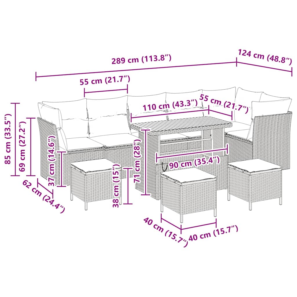Σετ Καναπέ Κήπου με μαξιλάρι 10 pcs Μαύρο και κρεμ