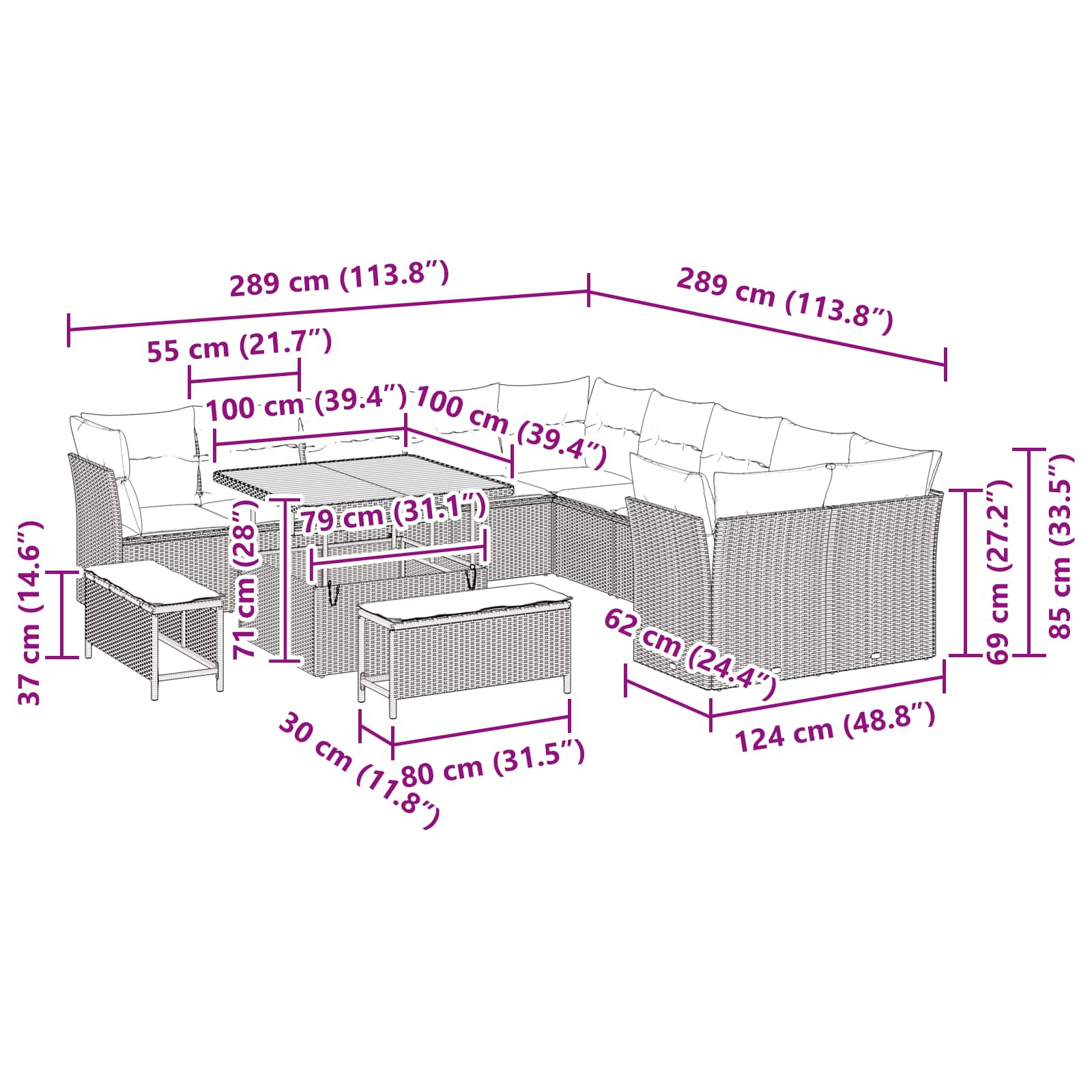 Σετ Καναπέ Κήπου με μαξιλάρι 13 pcs Μαύρο συνθετικό ρατάν - Pakobazaar