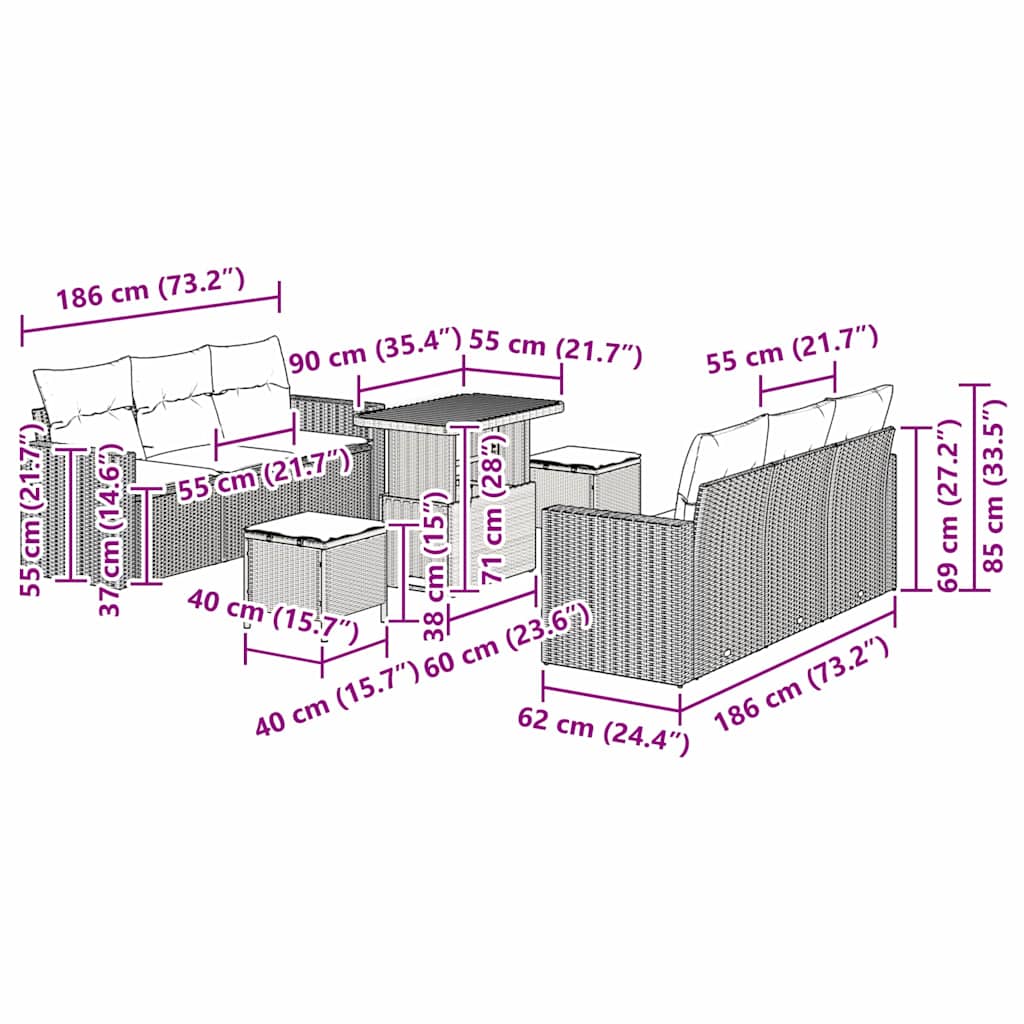 Σετ Καναπέ Κήπου με μαξιλάρι με αποθήκευση 9 pcs μπεζ και κρεμ