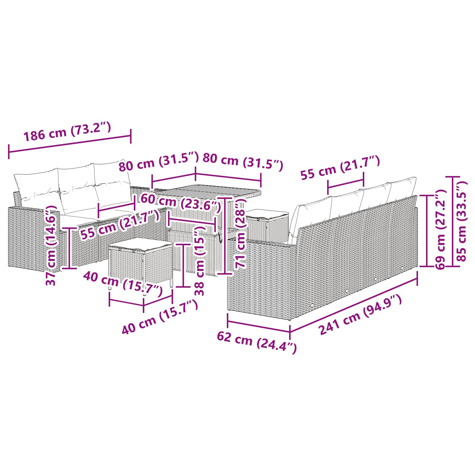 Σετ Καναπέ Κήπου με μαξιλάρι με αποθήκευση 10 pcs Μαύρο - Pakobazaar
