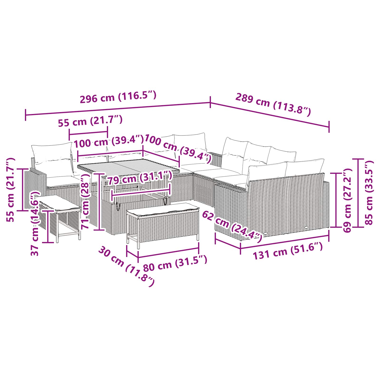 Σετ Καναπέ Κήπου με μαξιλάρι 17 pcs Μαύρο συνθετικό ρατάν - Pakobazaar