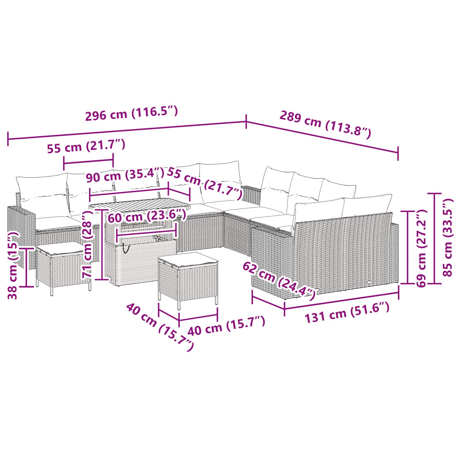 Σετ Καναπέ Κήπου με μαξιλάρι 17 pcs Μαύρο συνθετικό ρατάν - Pakobazaar