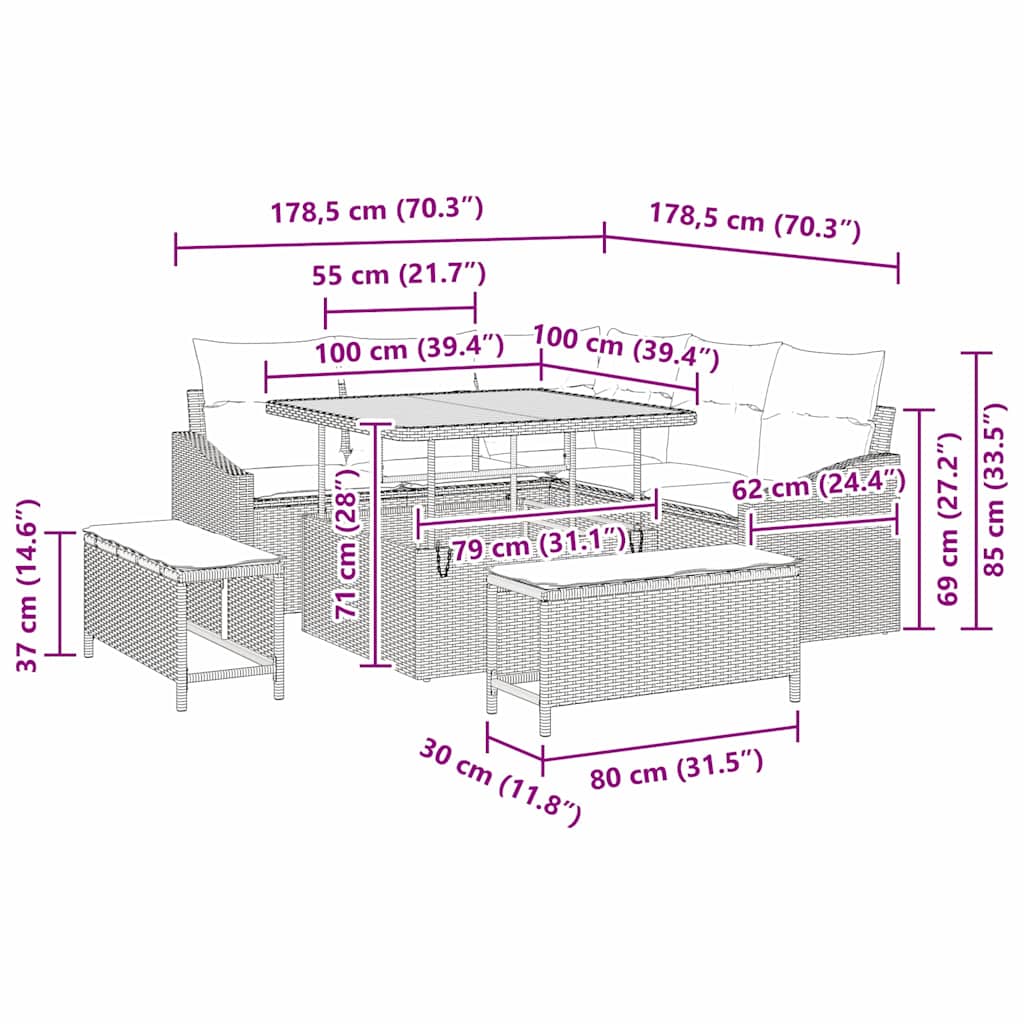 Σετ Καναπέ Κήπου με μαξιλάρι 8 pcs Γκρι Πολυ ράταν