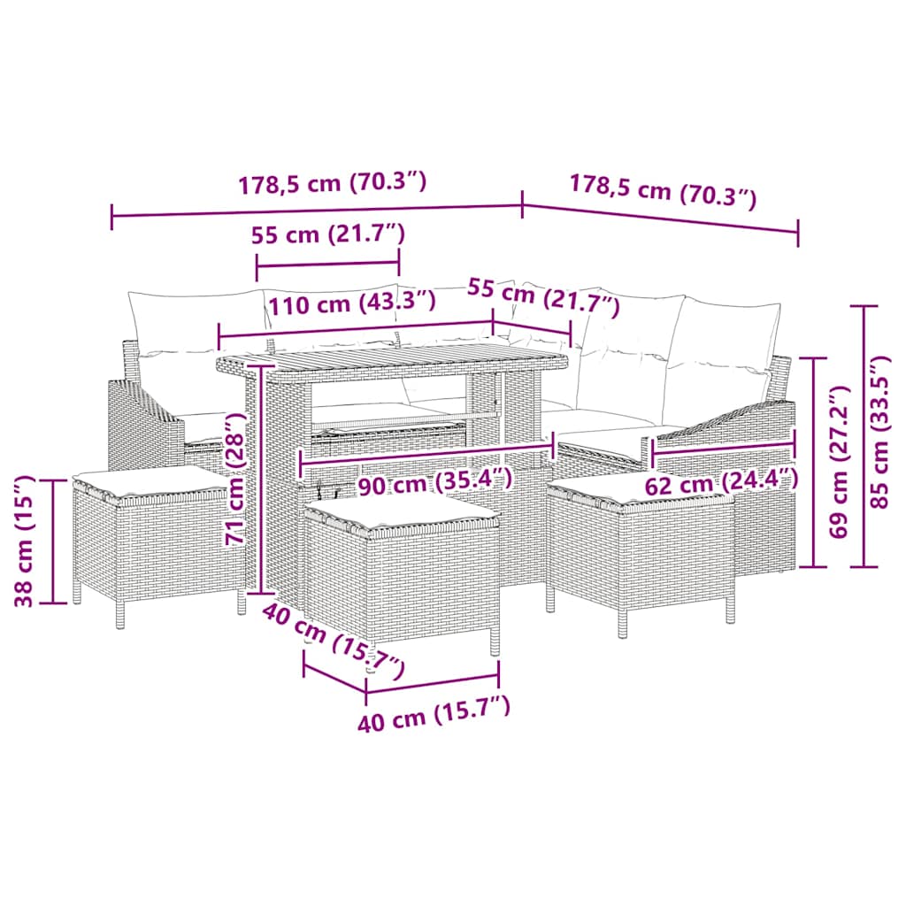 Σετ Καναπέ Κήπου με μαξιλάρι 9 pcs Μπεζ Πολυ ράταν