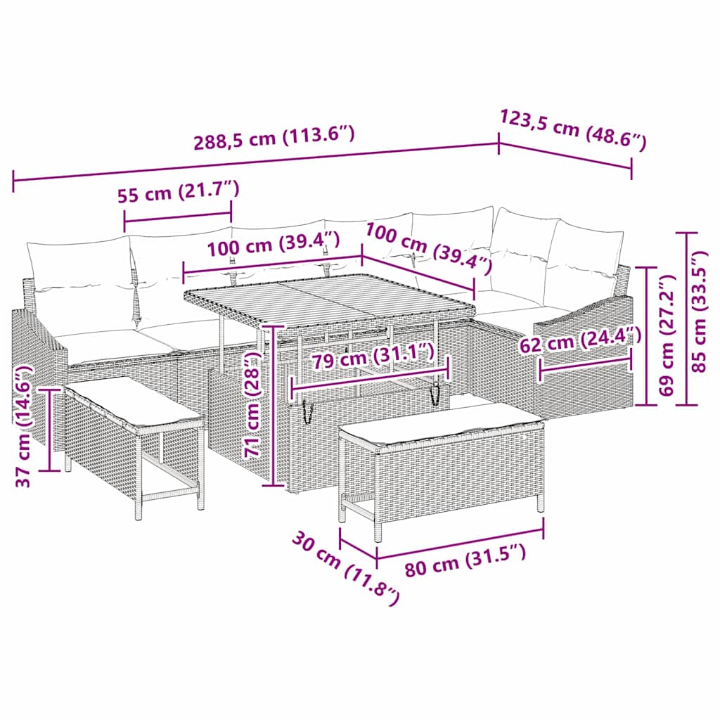 Σετ Καναπέ Κήπου με μαξιλάρι 9 pcs Μαύρο Πολυ ράταν
