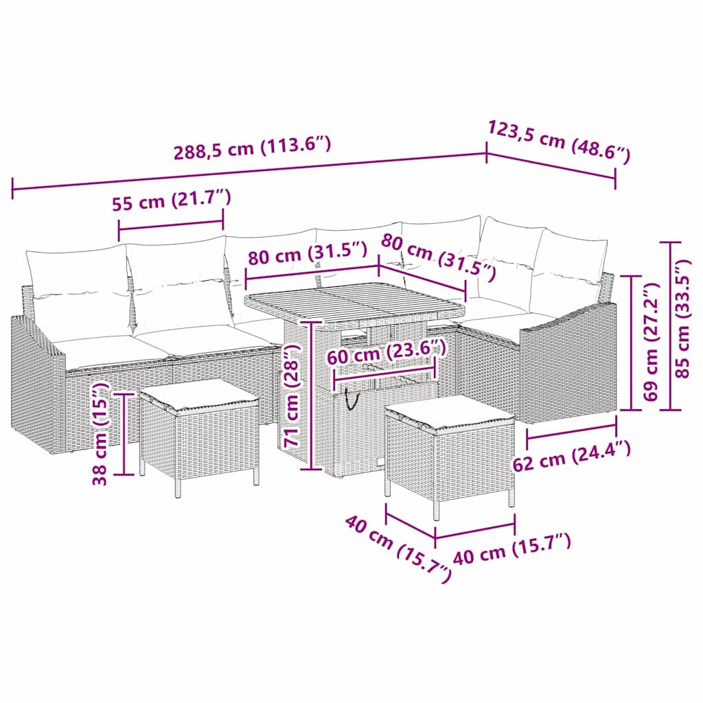 Σετ Καναπέ Κήπου με μαξιλάρι 9 pcs Μπεζ Πολυ ράταν