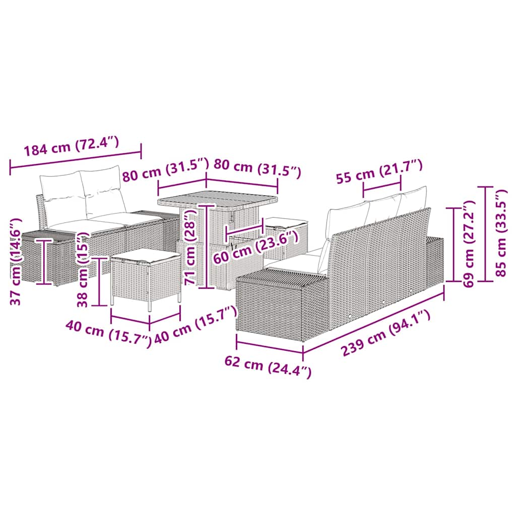 Σετ Καναπέ Κήπου με μαξιλάρι 8 pcs Μαύρο Πολυ ράταν - Pakobazaar