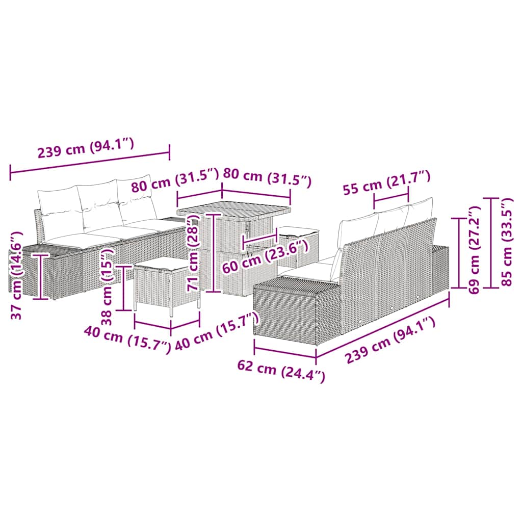 Σετ Καναπέ Κήπου με μαξιλάρι 9 pcs Μαύρο Πολυ ράταν