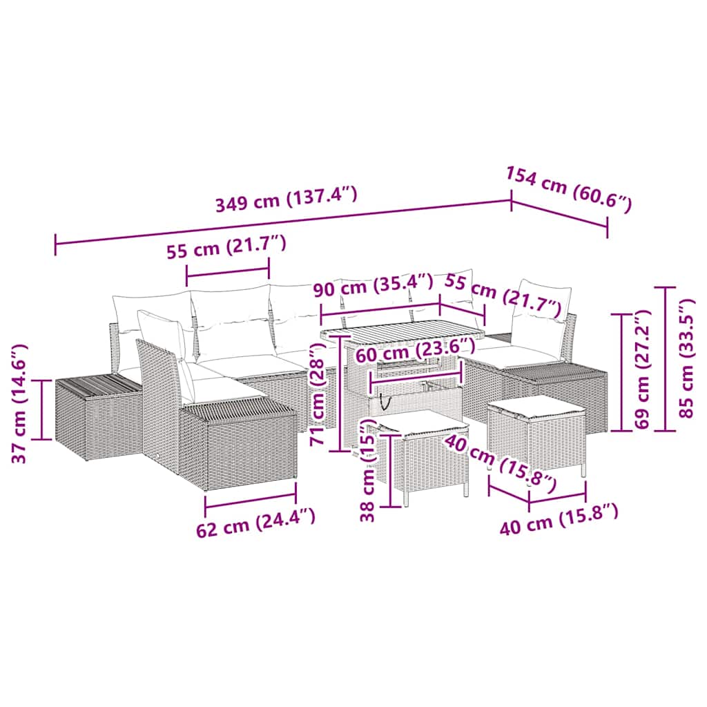 Σετ Καναπέ Κήπου με μαξιλάρι 10 pcs Μπεζ Πολυ ράταν