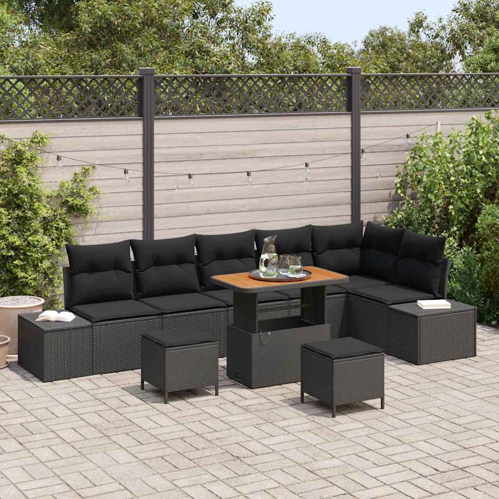 Σετ Καναπέ Κήπου με μαξιλάρι 9 pcs Μαύρο Πολυ ράταν