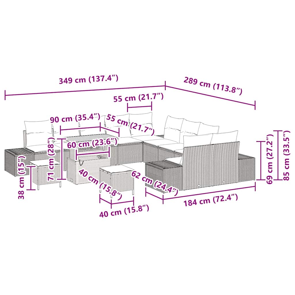 Σετ Καναπέ Κήπου με μαξιλάρι 13 pcs Μπεζ Πολυ ράταν