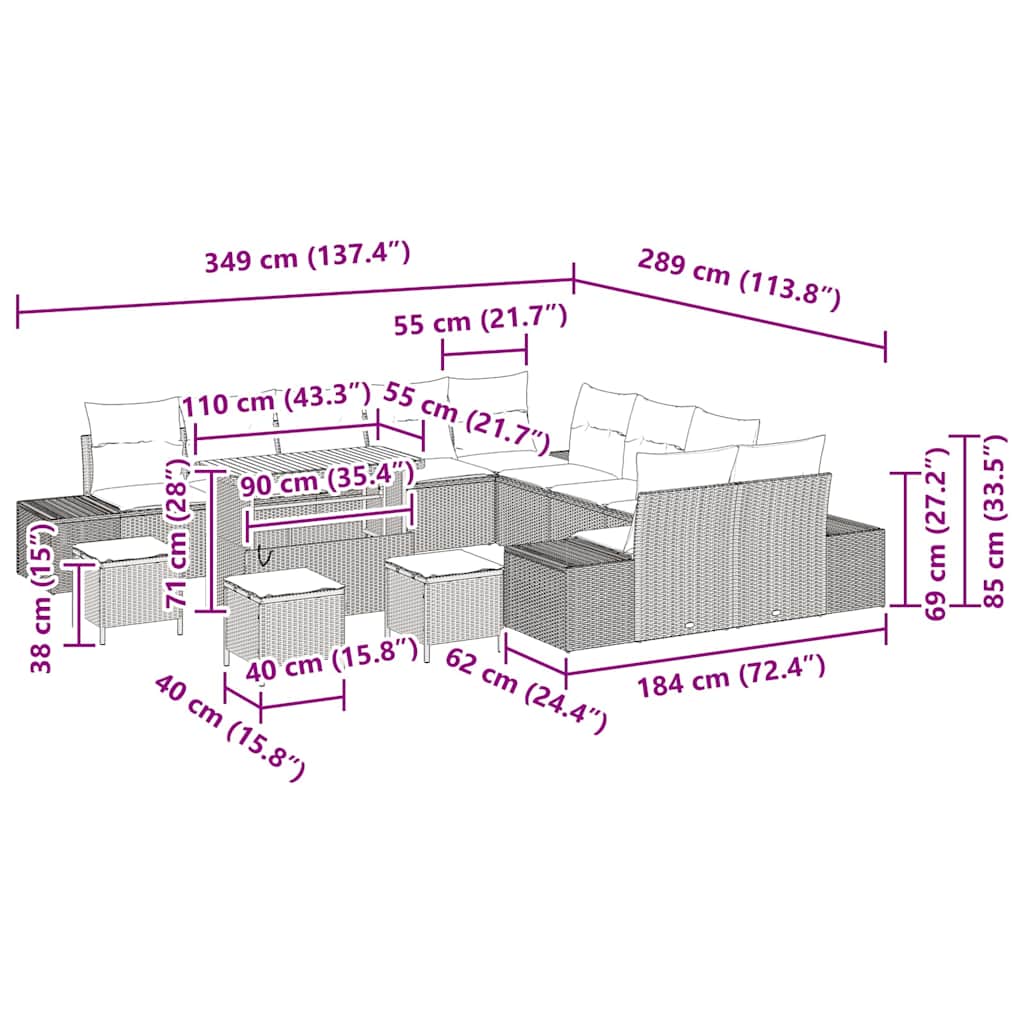 Σετ Καναπέ Κήπου με μαξιλάρι 14 pcs Μαύρο Πολυ ράταν - Pakobazaar