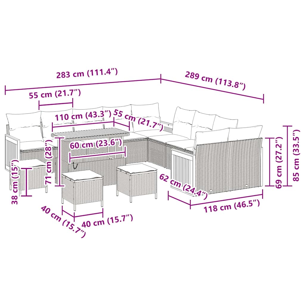 Σετ Καναπέ Κήπου με μαξιλάρι 18 pcs Γκρι συνθετικό ρατάν