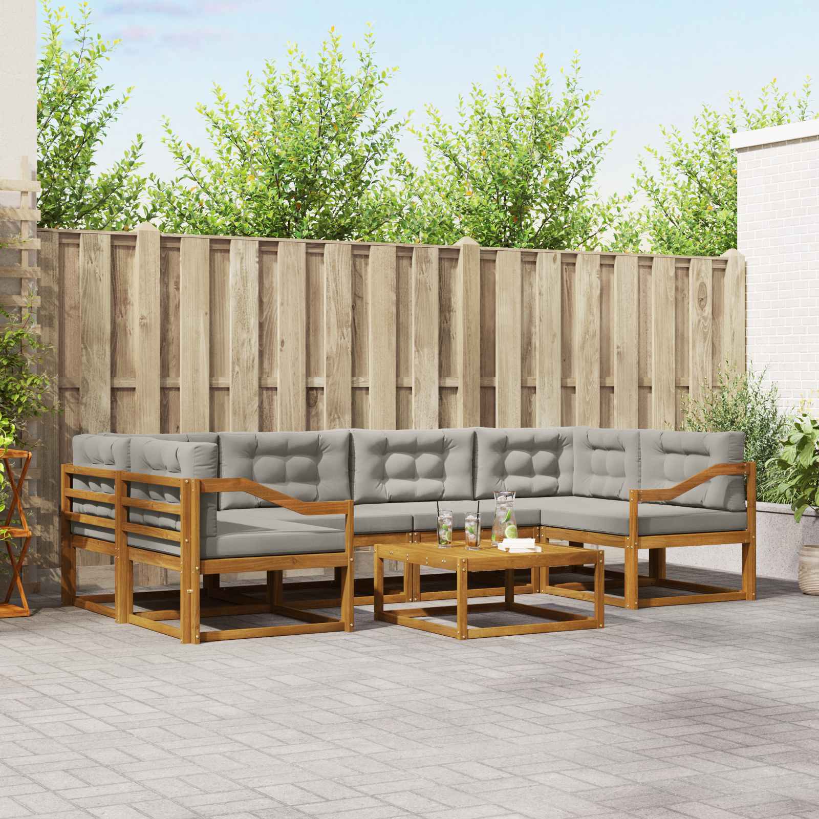 Σειρά Καναπέ Εξωτερικού 7 pcs Φυσικό και Ανοιχτό Γκρι - Pakobazaar