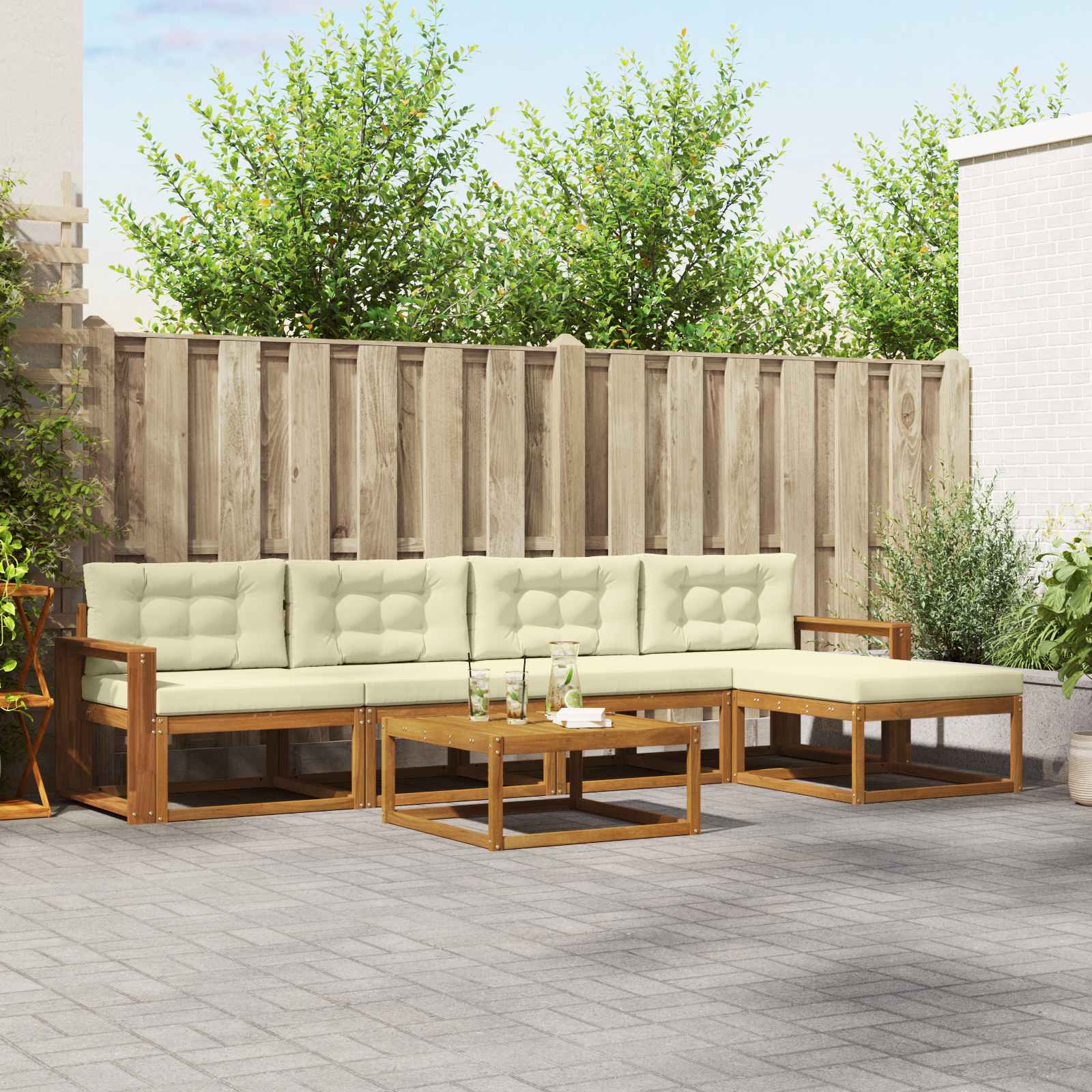Σειρά Καναπέ Εξωτερικού με μαξιλάρι 6 pcs Φυσικό και Κρέμα - Pakobazaar