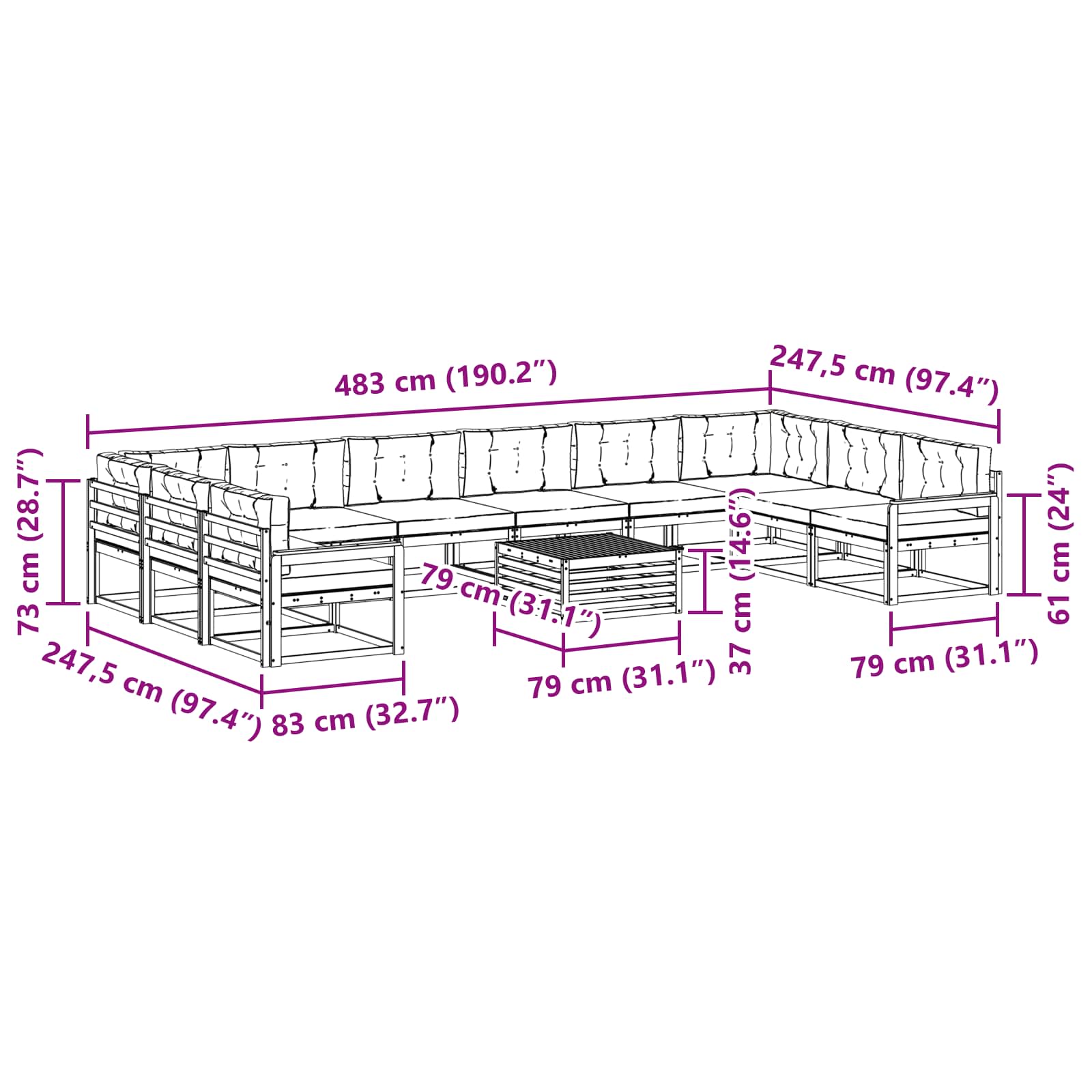 Σειρά Καναπέ Εξωτερικού με μαξιλάρι 11 pcs Φυσικό και Ανθρακί - Pakobazaar