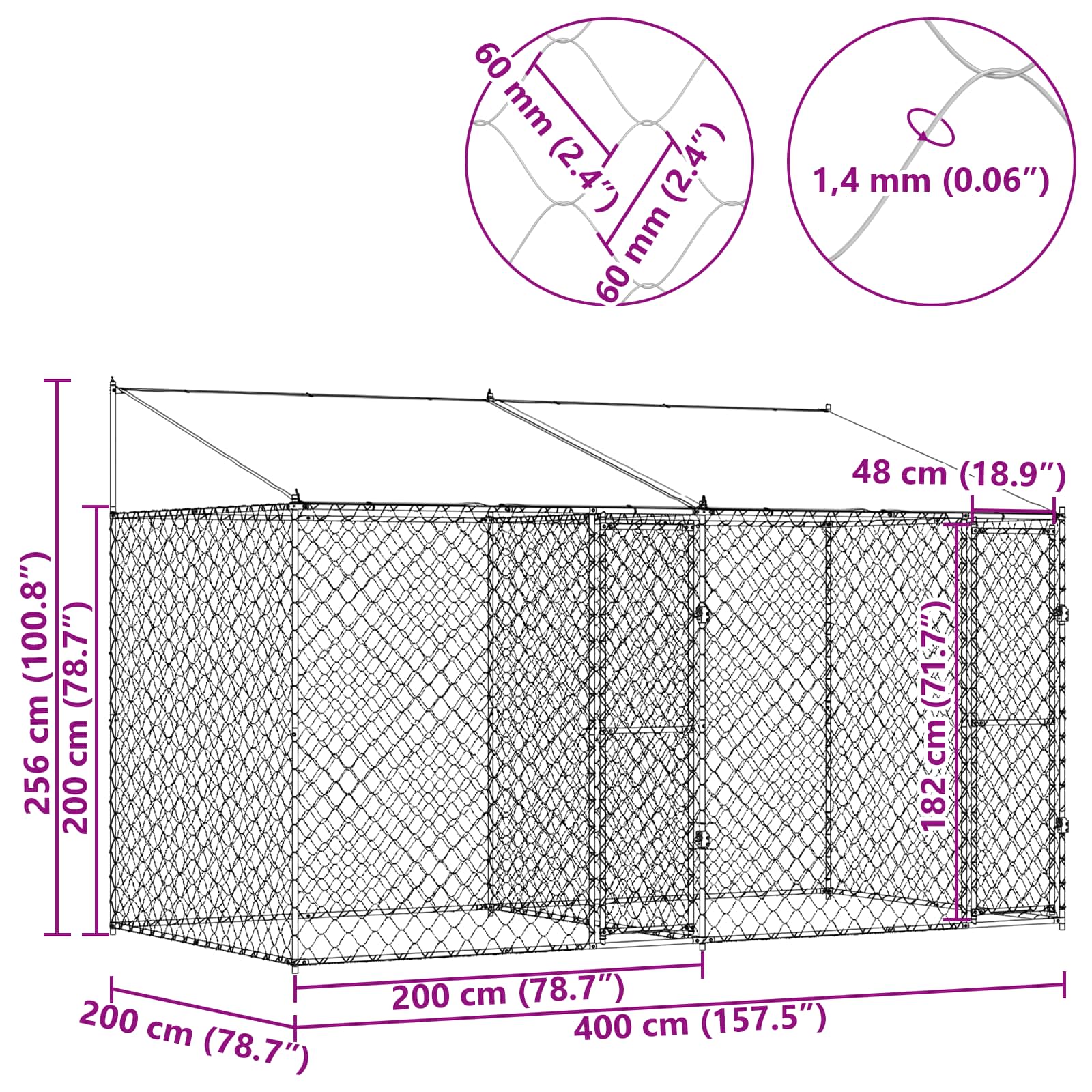 Κλουβί Σκυλιού με Στέγη Ασημί 400 x 200 x 256 εκ Χάλυβας και PE - Pakobazaar