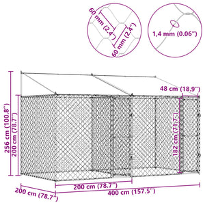 Κλουβί Σκυλιού με Στέγη Ασημί 400 x 200 x 256 εκ Χάλυβας και PE - Pakobazaar