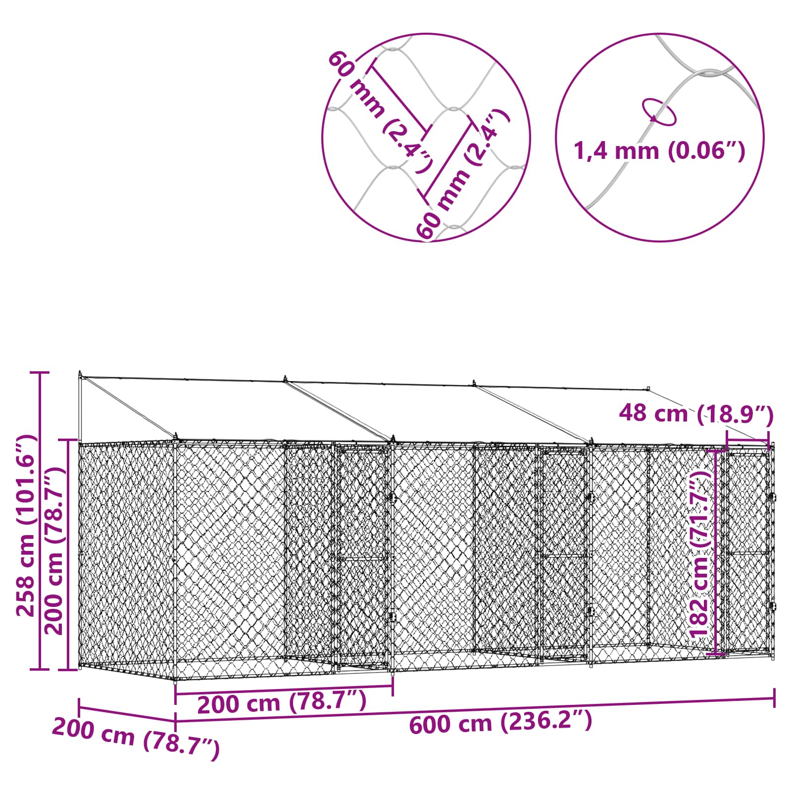 Κλουβί Σκυλιού με Στέγη Ασημί 600 x 200 x 256 εκ. - Pakobazaar