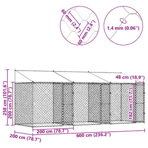 Κλουβί Σκυλιού με Στέγη Ασημί 600 x 200 x 256 εκ. - Pakobazaar