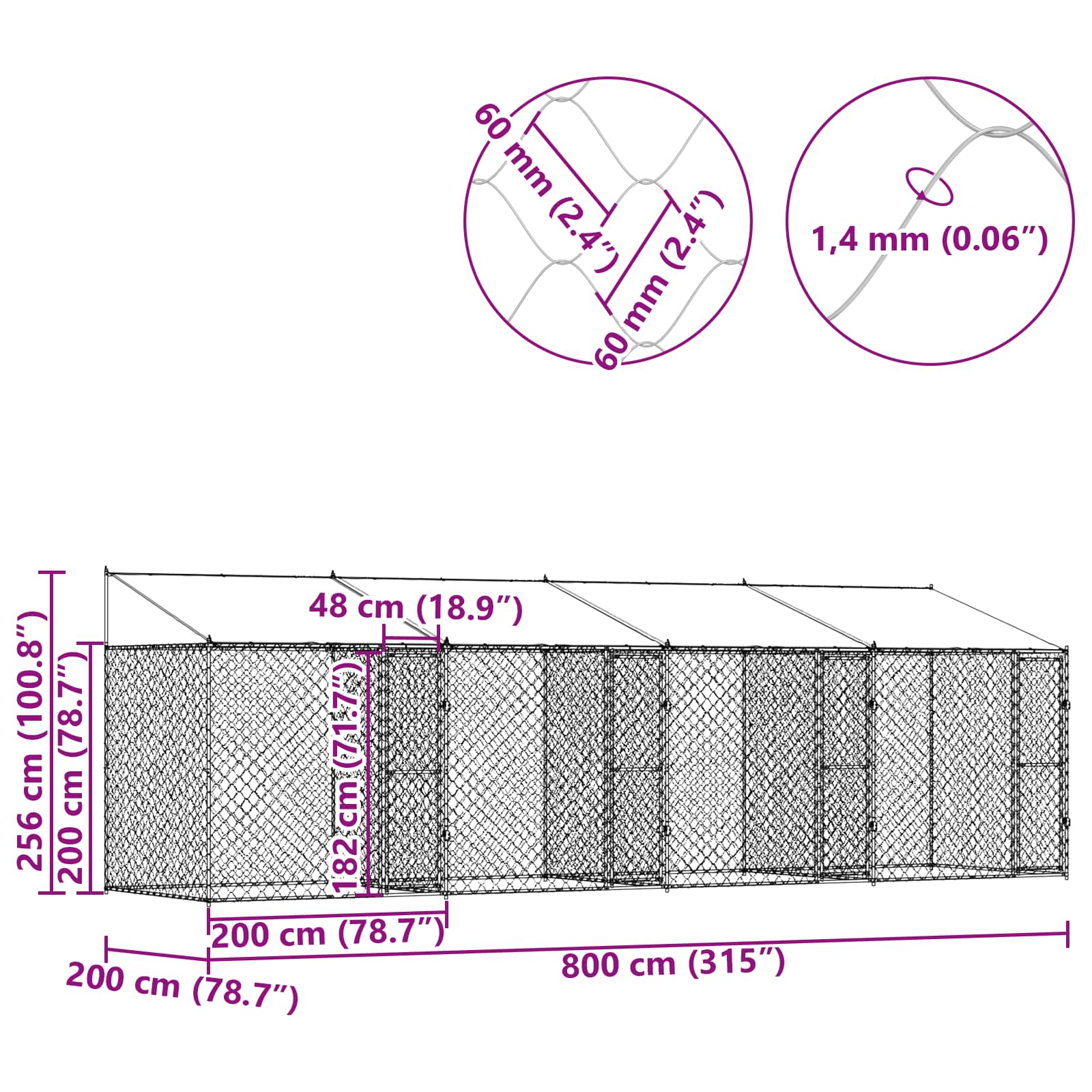 Κλουβί Σκυλιού με Στέγη Ασημί 800 x 200 x 256 εκ. - Pakobazaar