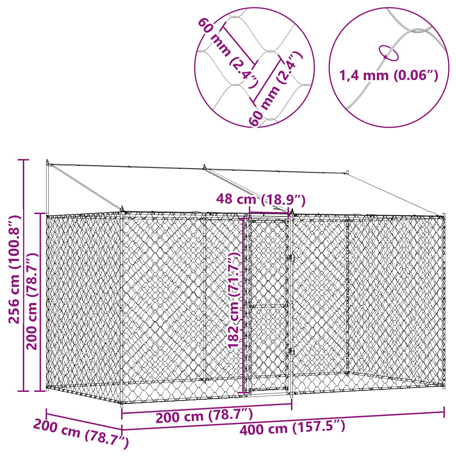 Κλουβί Σκυλιού με Στέγη Ασημί 400 x 200 x 256 εκ Χάλυβας και PE - Pakobazaar
