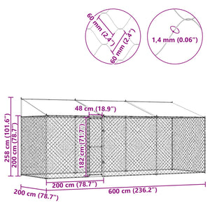 Κλουβί Σκυλιού με Στέγη Ασημί 600 x 200 x 256 εκ. - Pakobazaar